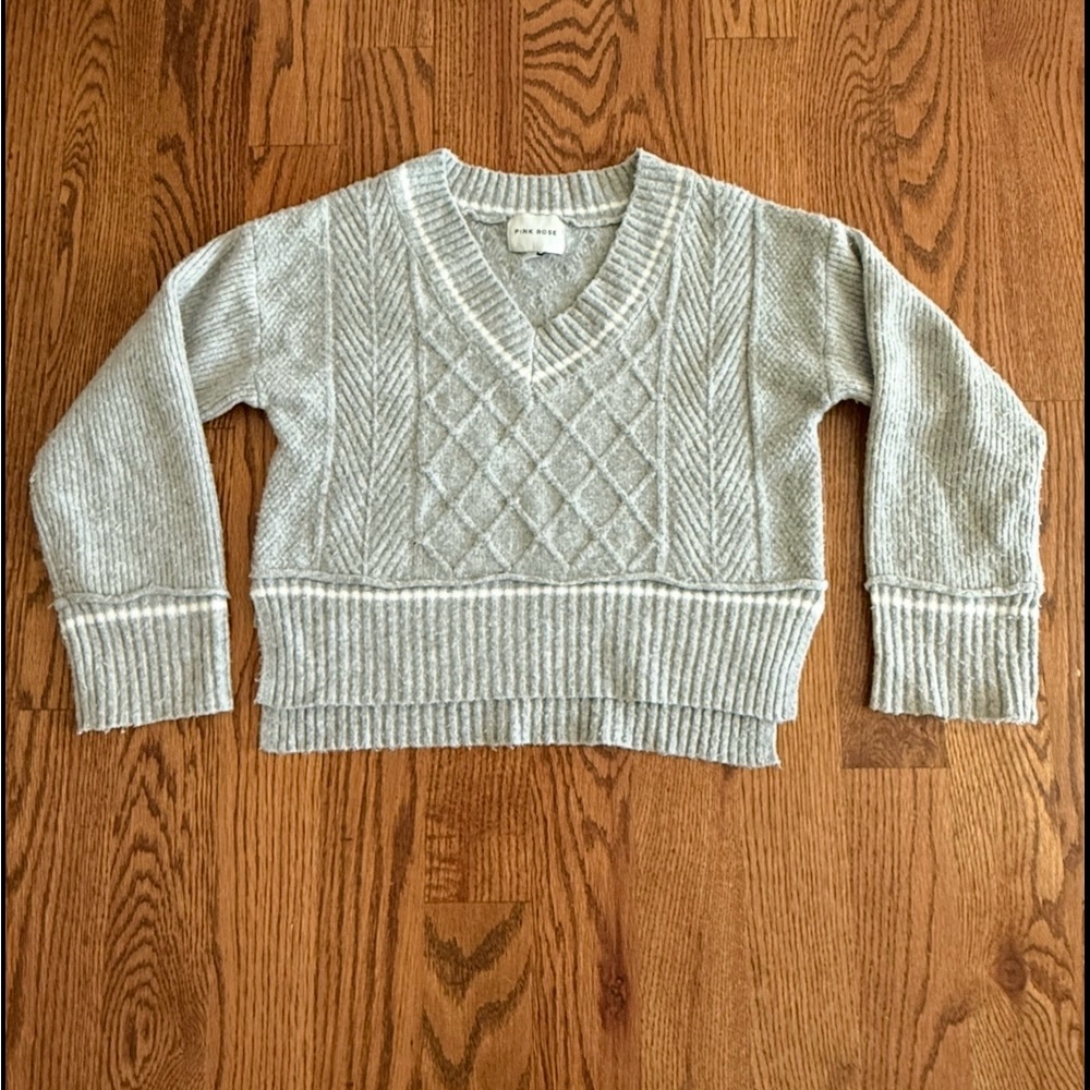 Pink Rose Light Gray V-Neck Sweater